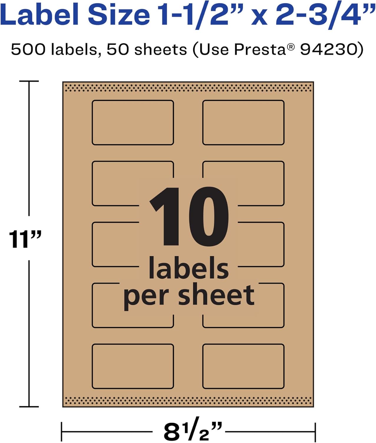 Avery Kraft Brown Rectangle Labels, Sure Feed Technology, 1.5" x 2.75", 500 Kraft Brown Labels, Print-to-The-Edge, Laser/Inkjet Printable