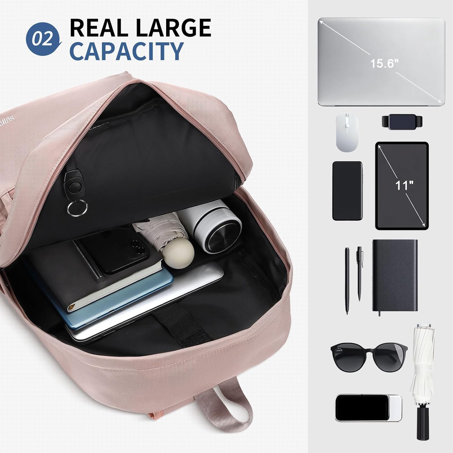 Nylon Backpack for Men & Women, Water-Resistant Everyday Backpack with 15.6" Laptop Compartment, Anti-Theft Pocket & Luggage Strap, Pink