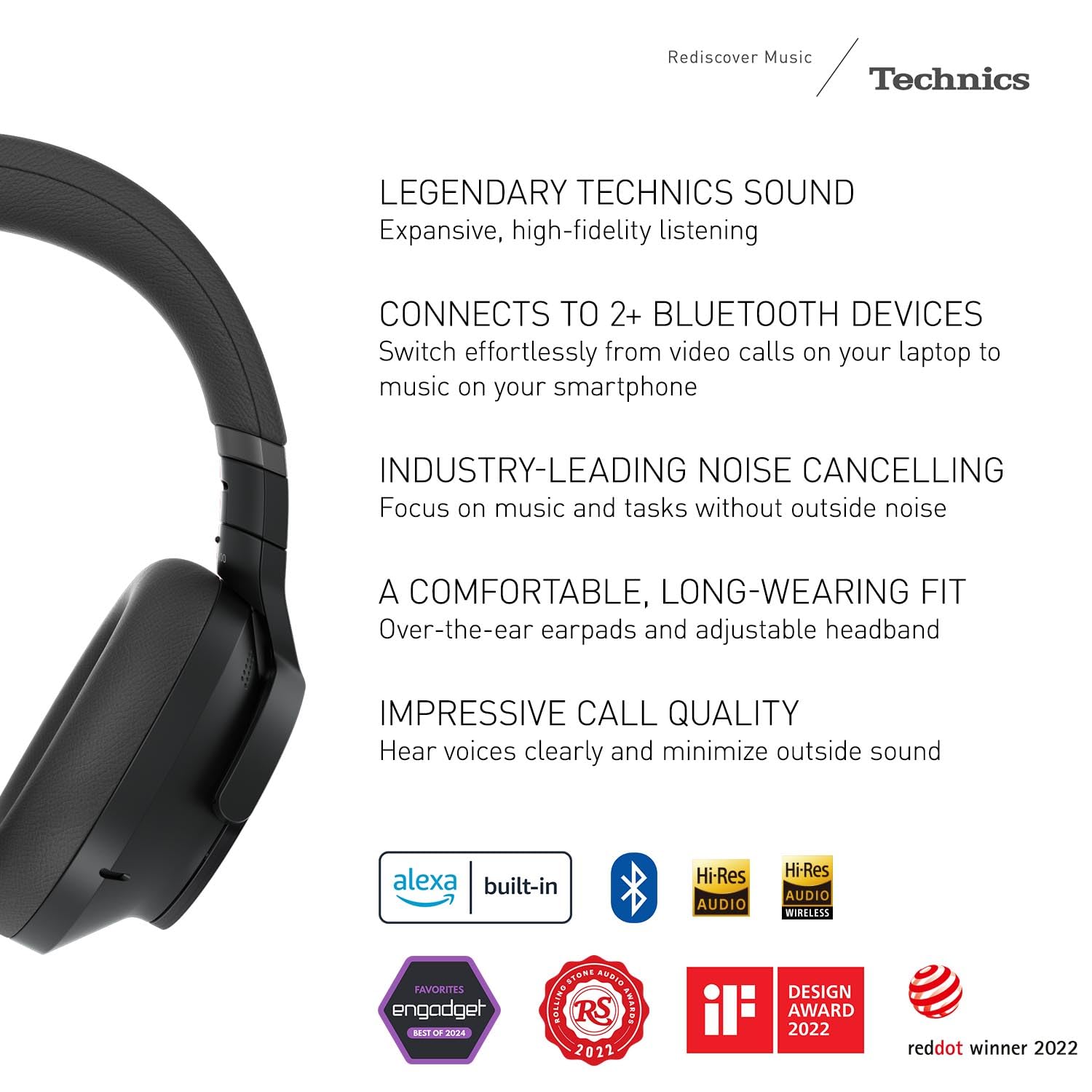 Technics Wireless Noise Cancelling Headphones, 50 Hours Battery Life, High-Fidelity Bluetooth Headphones with Multi-Point Connectivity, Impressive Call Quality, and Comfort Fit - EAH-A800-K Black