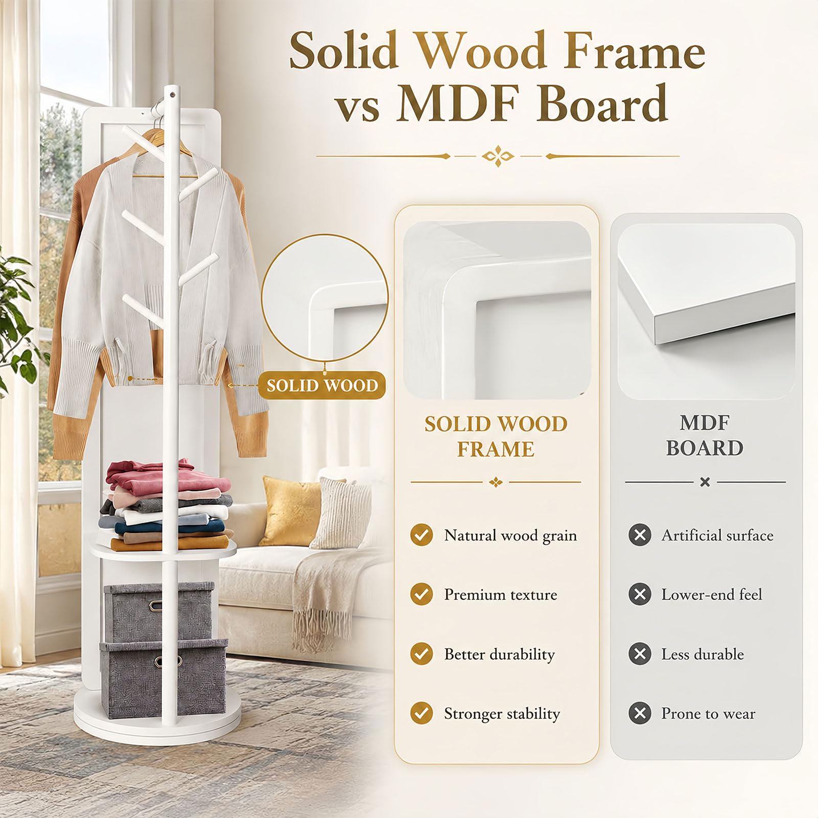 Ganzkörperspiegel | Standspiegel mit 360° Drehbar und Garderobenständer | Stehspiegel 164 * 40cm aus Massivholzrahmen Hartglas | Spiegel Ganzkörper für Schlafzimmer Wohnzimmer Garderobe