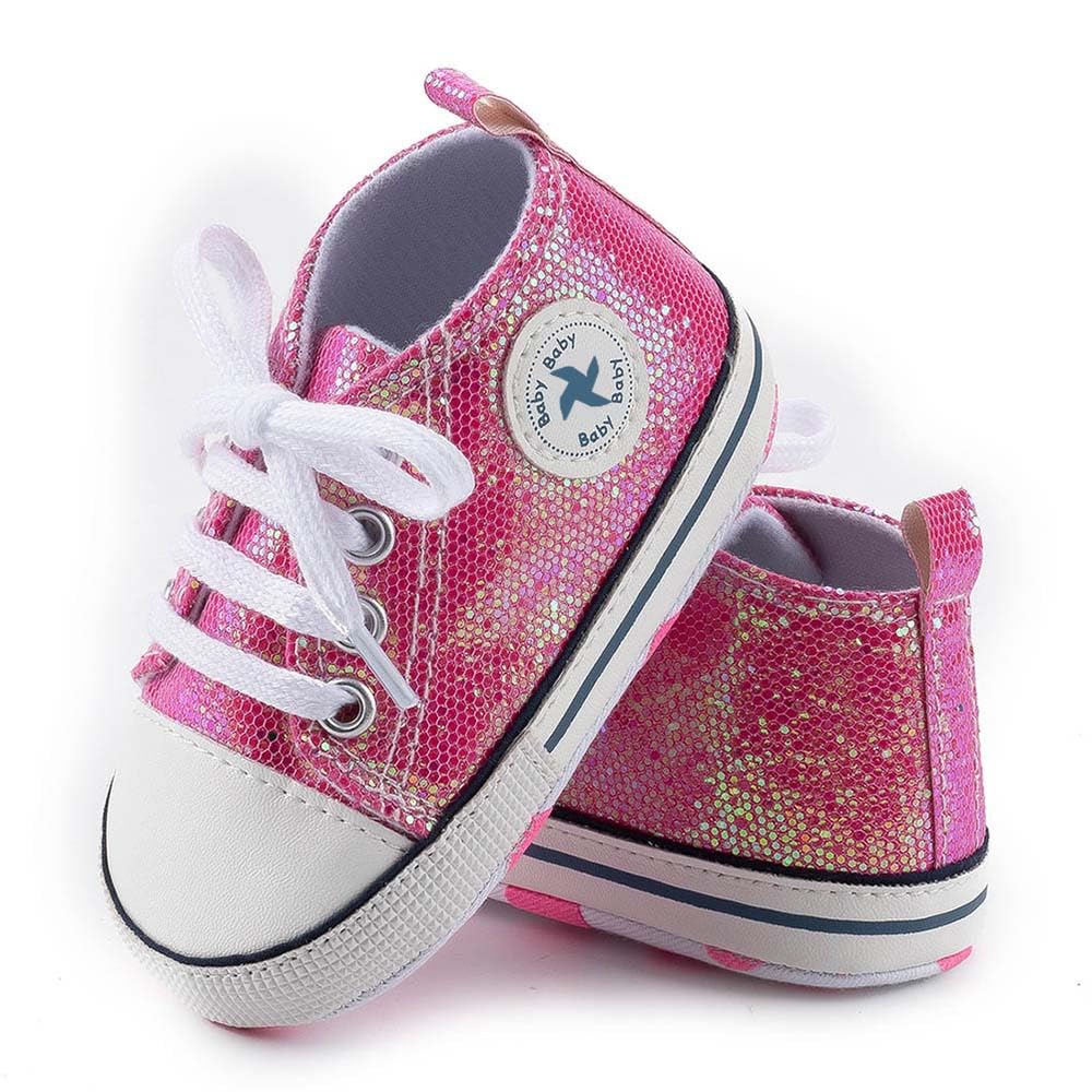 Baby Boys Girls Star High Top Sneaker Soft Anti-Slip Sole Newborn Infant First Walkers Canvas Denim Shoes (11cm, B-Sequins Rose Red, 0_Months)