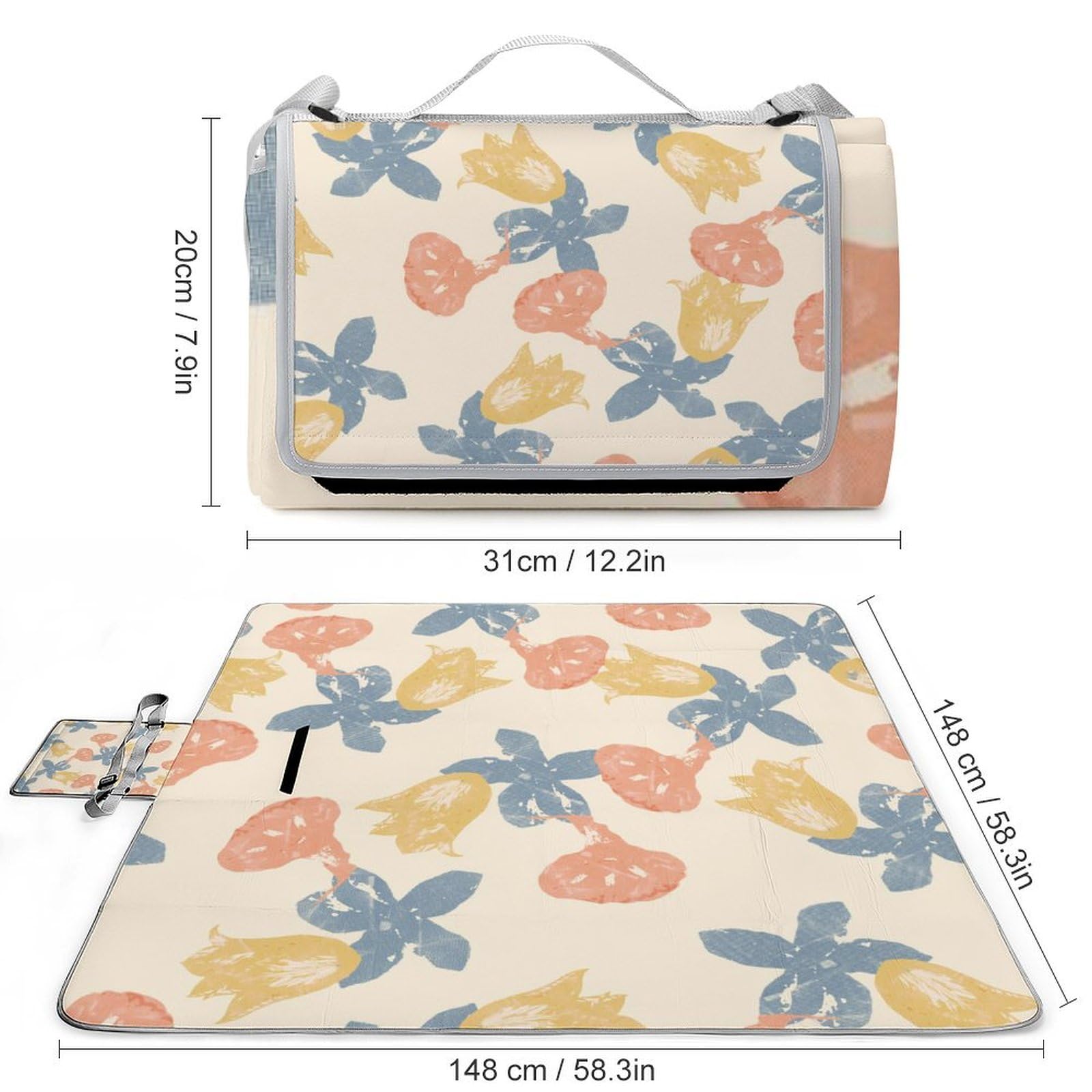 3D Impression Elegant Fleurs, Yellow, Red, Blue Couverture Pique Nique Tapis Pique Nique Nappe Picnic Couverture De Pique-Nique pour Le Voyage, Le Camping, Les Vacances, Etc 148x148cm