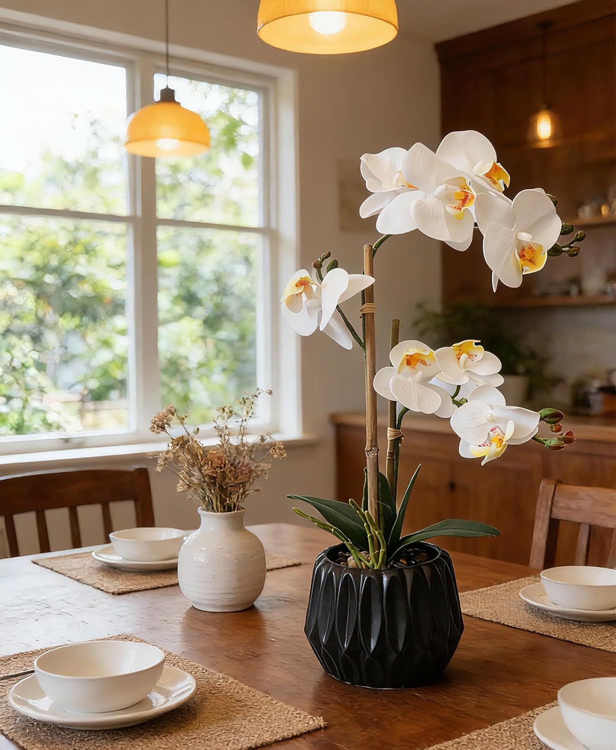White Orchid Artificial Flowers Faux Potted Plants for Tables Home Office Decor Realistic Fake Flowers Party Wedding Decorations