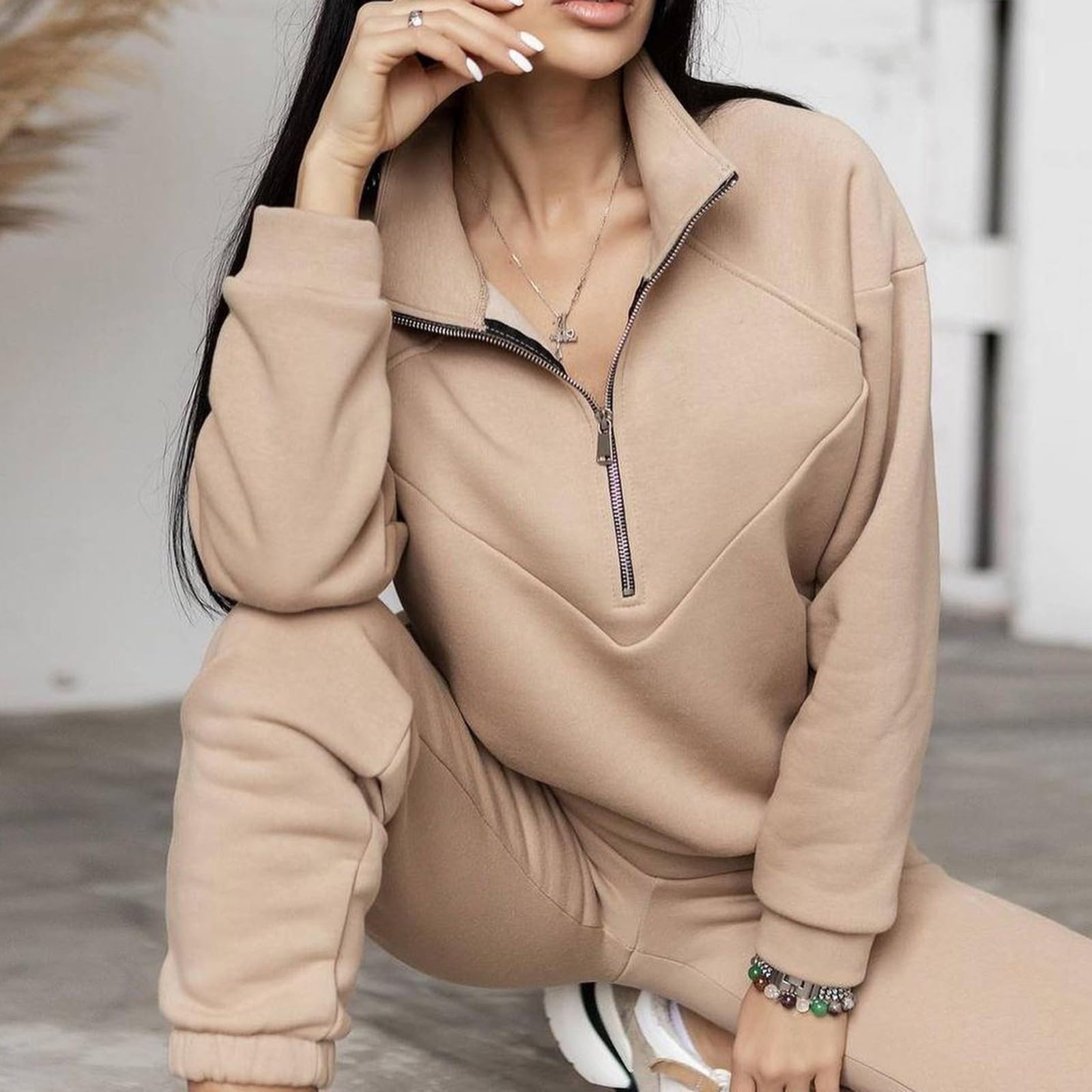 Tuta da donna, sportiva, elegante, 2 pezzi, per il tempo libero, con cappuccio | Tuta sportiva per fitness, escursionismo, tuta da jogging con mezza zip e pantaloni lunghi, 2 pezzi, per autunno e inverno