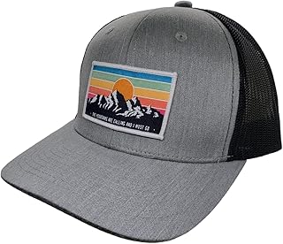 Trucker Hat - Mountains Cap with Moutains are Calling and I Must go Vintage Woven Patch (Heather Grey/Black)