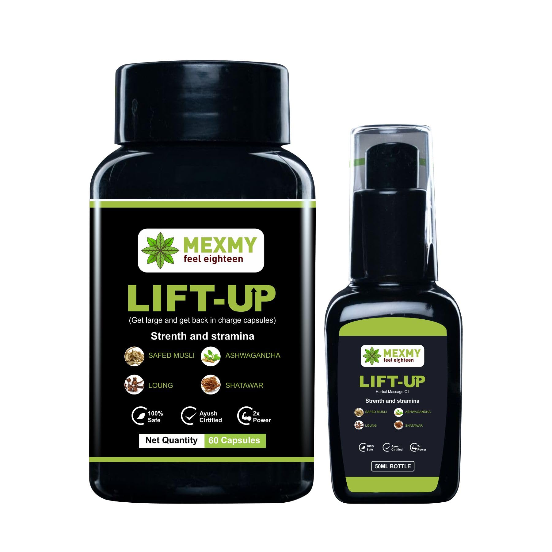 Mexmy New Lift-up Combo (Massage Oil & Capsule) | Massage Oil For Men's 50 Ml & Capsule 60 Pics