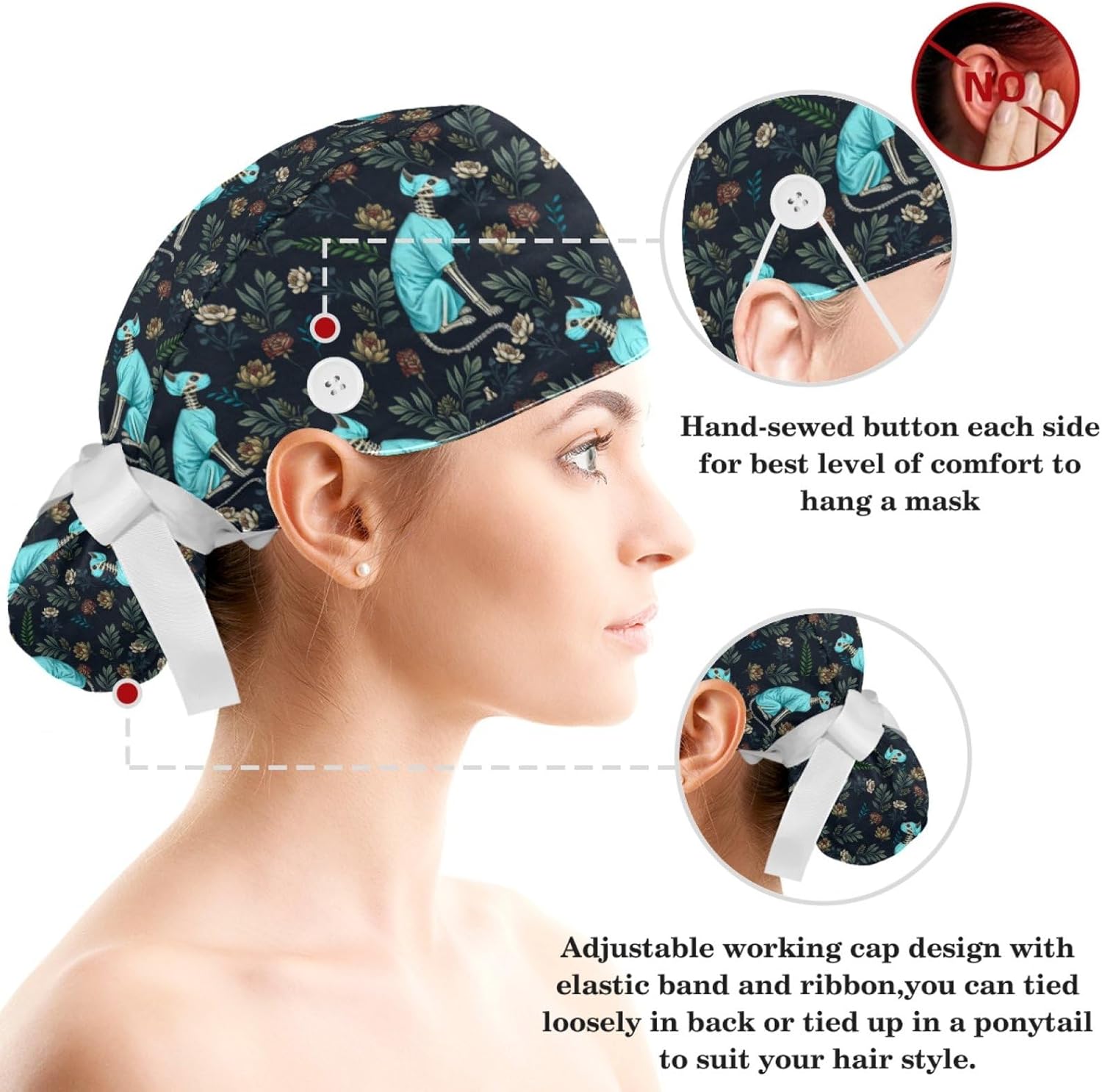 Women Scrub Caps with Buttons, Flower and Cat Skeleton Ponytail Working Cap, Adjustable Bouffant Nurse Nursing Hat for Long Hair - Image 3