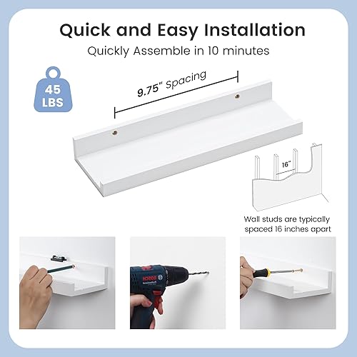 Miniatura 5 de Estante de repisa de fotos para pared, estantes de madera de pino maciza de 16 pulgadas, 2 paquetes, estantes flotantes para habitación de niños,