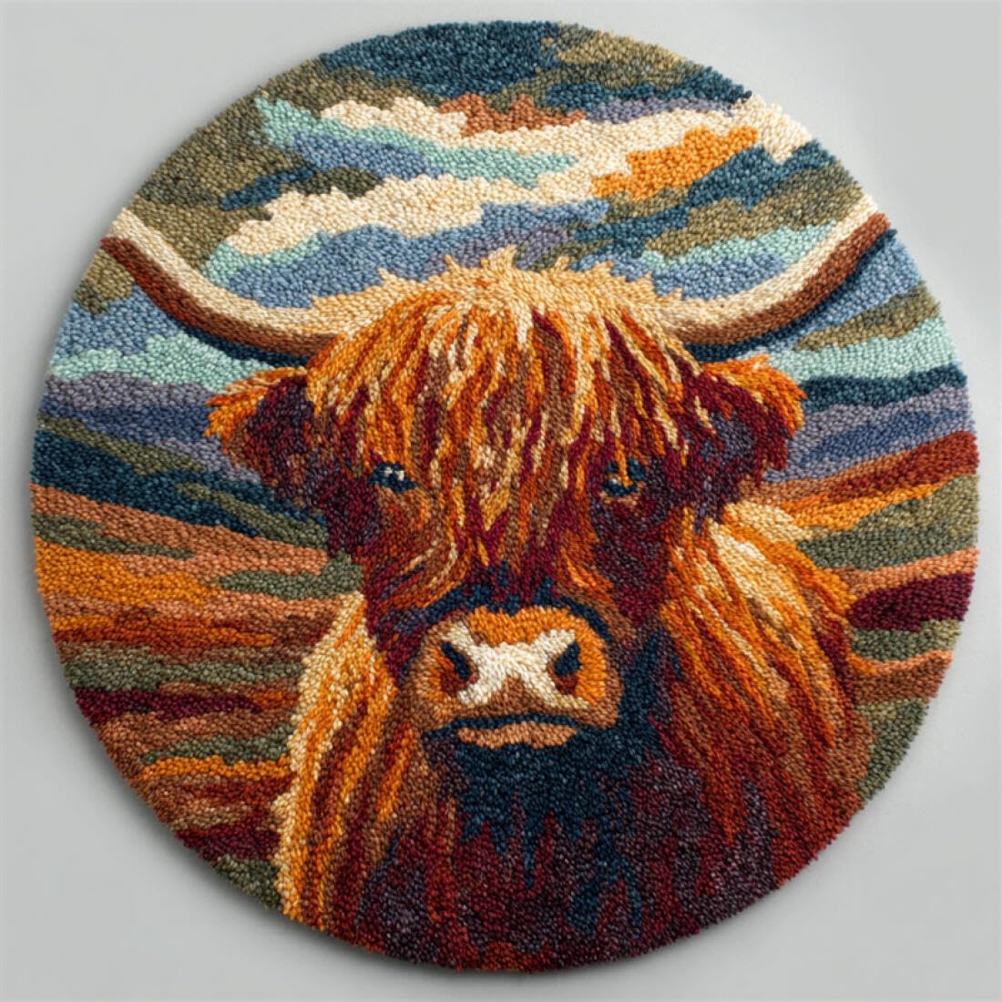 Rqwybcaxn DIY Latch Hook Rug Making Kits for Adults Animal Crochet Hooks Set Cartoon Highland Cattle 50x50cm Round Washable Area Rug Living Room Wall Hanging