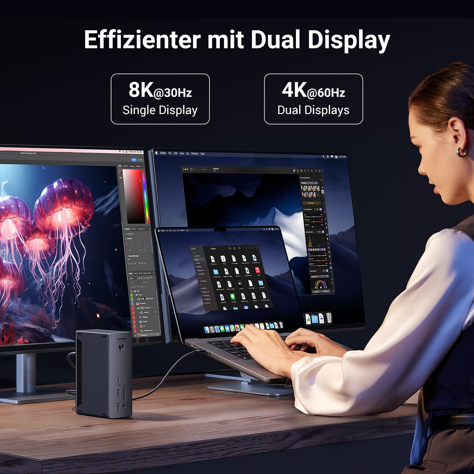UGREEN Revodok Max 213 Thunderbolt 4 Dock 40Gbps (Dual 4K@60Hz, Single 8K Display), 13-in-1 Docking Station 90W Aufladen für Laptop, 2.5Gbps Ethernet, microSD&SD 4.0, 3.5mm Aux