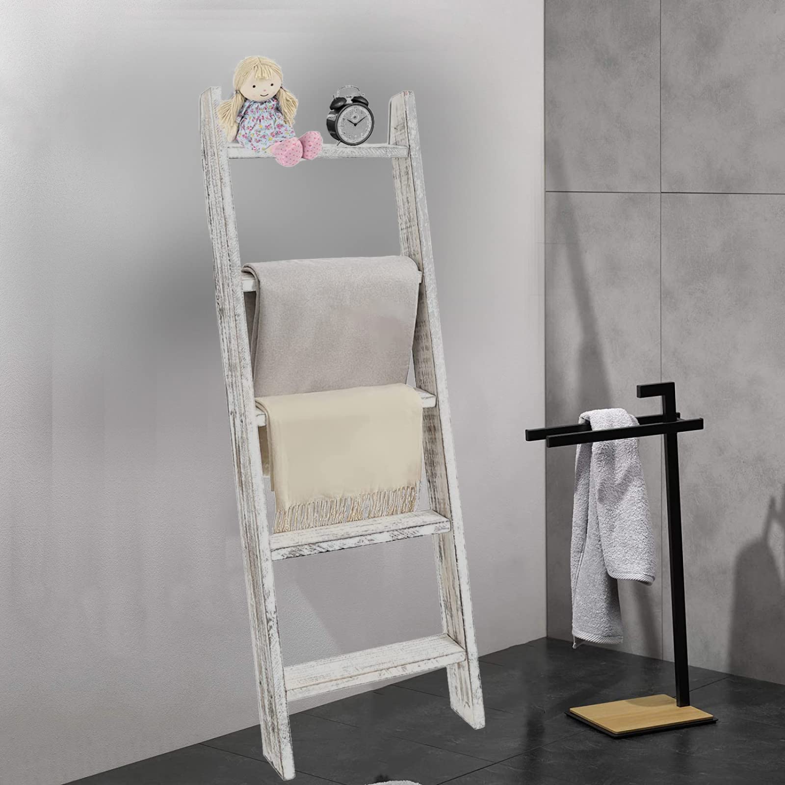 Scaffale In Legno Di Pino COSTWAY - 4 Livelli, Porta Asciugamani, Per Bagno E Soggiorno, Bianco - Foto 6