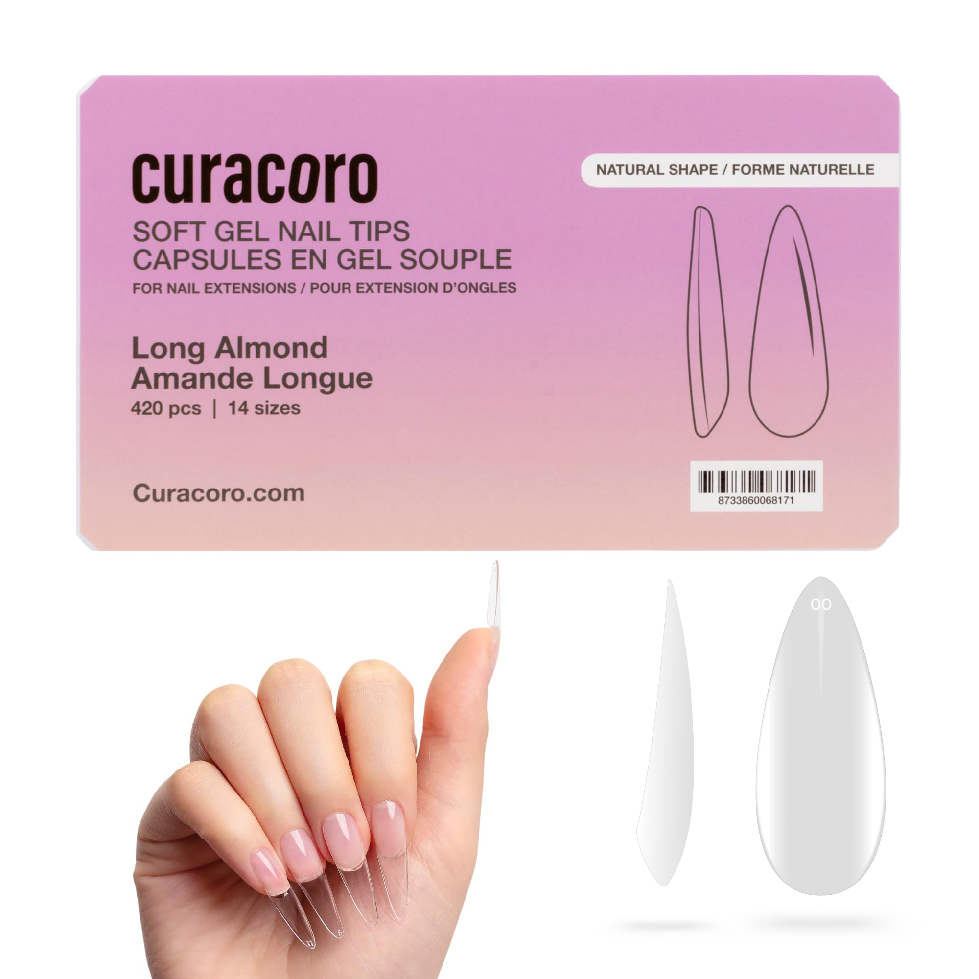 Curacoro Natural Long Almond Gel Nail Tips 420Pcs, Clear Full Cover Soft Acrylic Tips 14 Sizes, Easy to Use, Long-Lasting, Glossy Finish