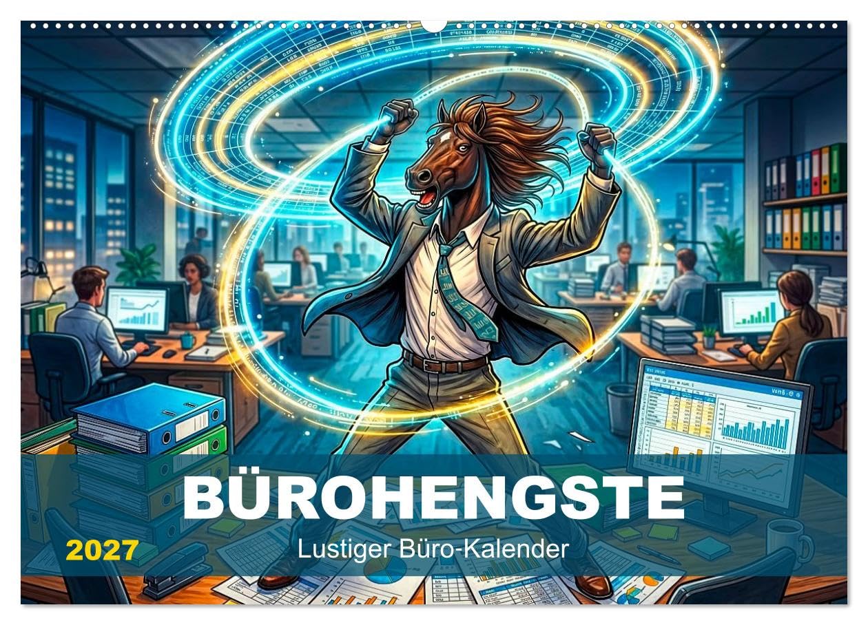 CALVENDO - Bürohengste - Lustiger Büro‑Kalender (Wandkalender 2027 DIN A2 quer), Monatskalender: Ein witziger Blick auf den täglichen Büro‑Wahnsinn, voller überzeichneter Pferde‑Charaktere, die den Ar