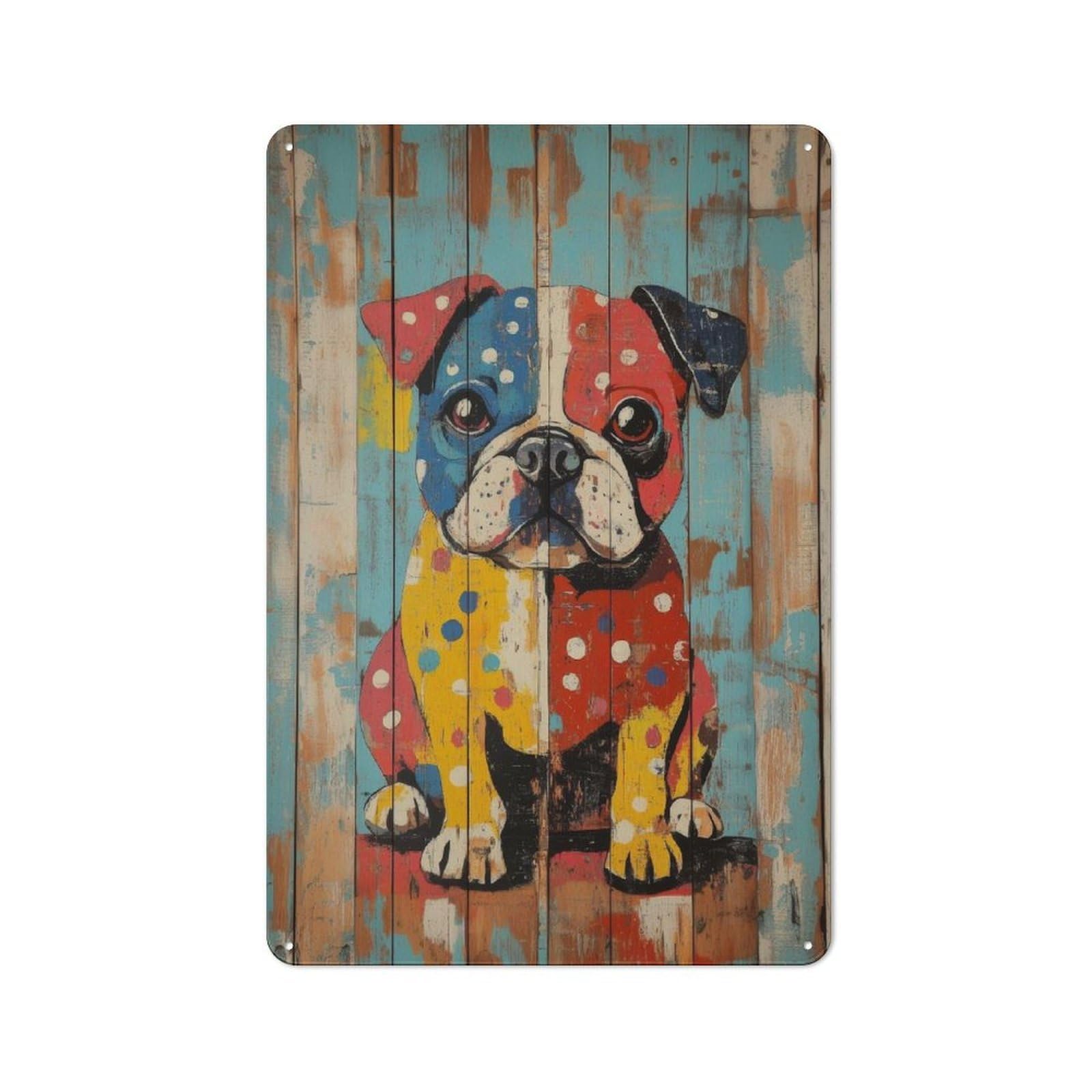 Junmoney Colorful Bulldog Painting On Wood Planks Bul Metal Plaque 30X20cm With Ldog Wall Art For Hallway Wall, Retro Decor, For Themed Interiors In Hallways And Entrance Areas