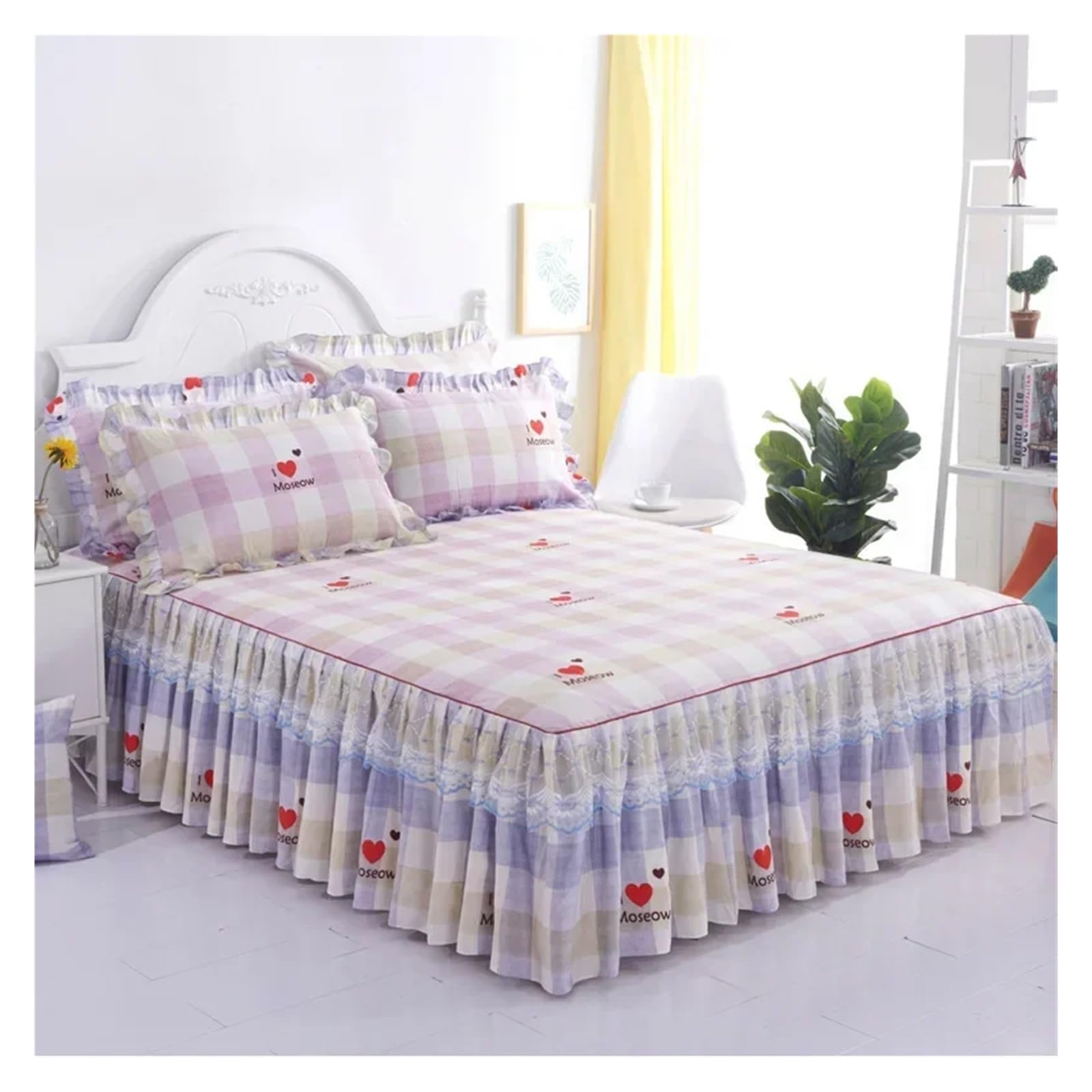 3pcs Set Sanding Lace Bedspread Queen Bed Skirt Thickened Two-Layer Single Double Bed Ruffle Bed Cover(Color-08,3pcs 180x200cm)