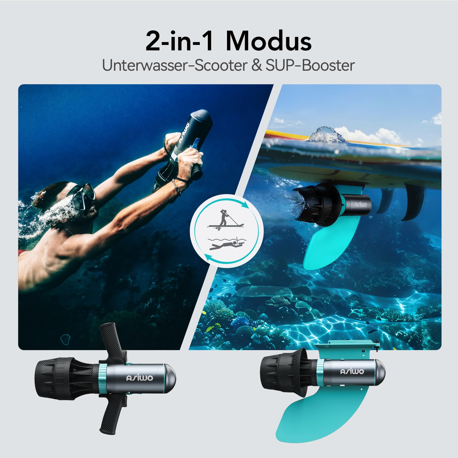 Asiwo U1 Scooter Subacqueo per Adulti e Bambini, 1100W Sea Scooter con 3 Velocità e Doppia Modalità, fino a 3 m/s, autonomia 80 minuti, profondità 50 m, ideale per Immersioni, Snorkeling, Nuoto e SUP