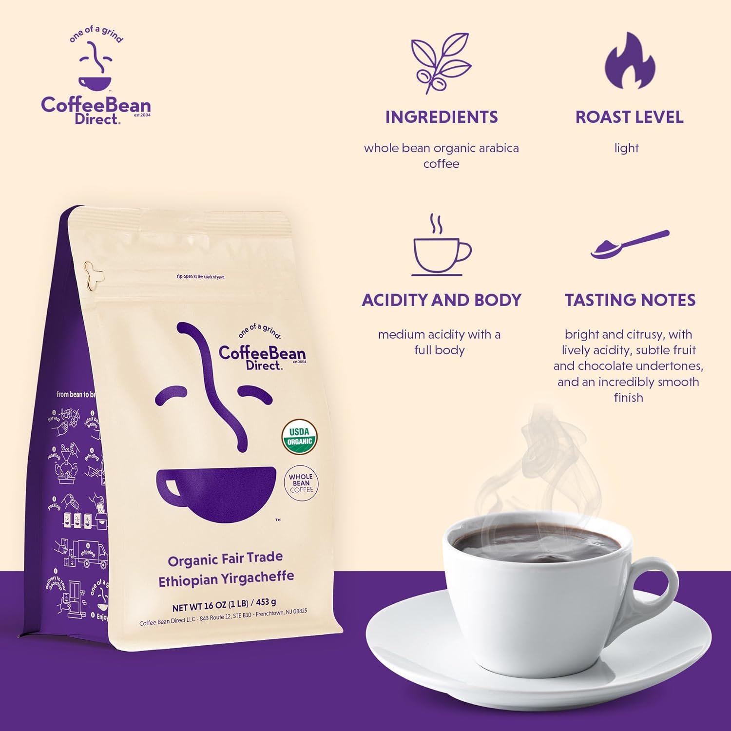 Coffee Bean Direct Organic Fair Trade Ethiopian Yirgacheffe, Whole Bean Coffee, Arabica Coffee, Light Roast, 1 Pound Bag (Pack of 1)