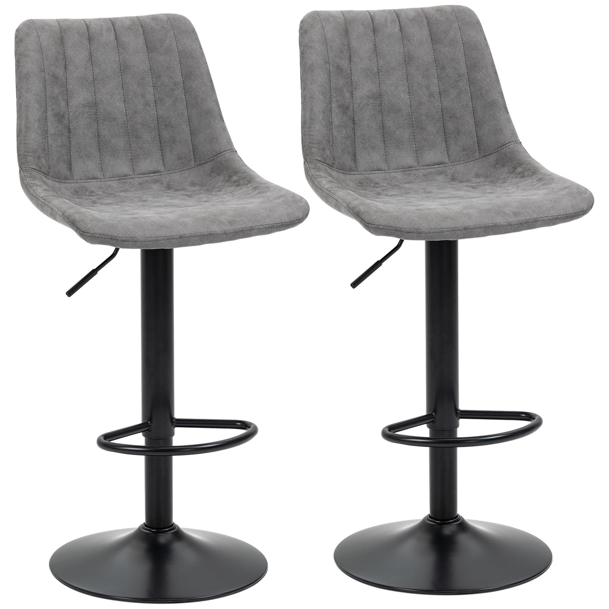 HOMCOM Modern Bar Stools Set of 2, Height Adjustable Swivel Bar Chairs with Backrest, Gas Lift and Footrest, Microfibre Barstools for Breakfast Counter, Kitchen Island, Grey