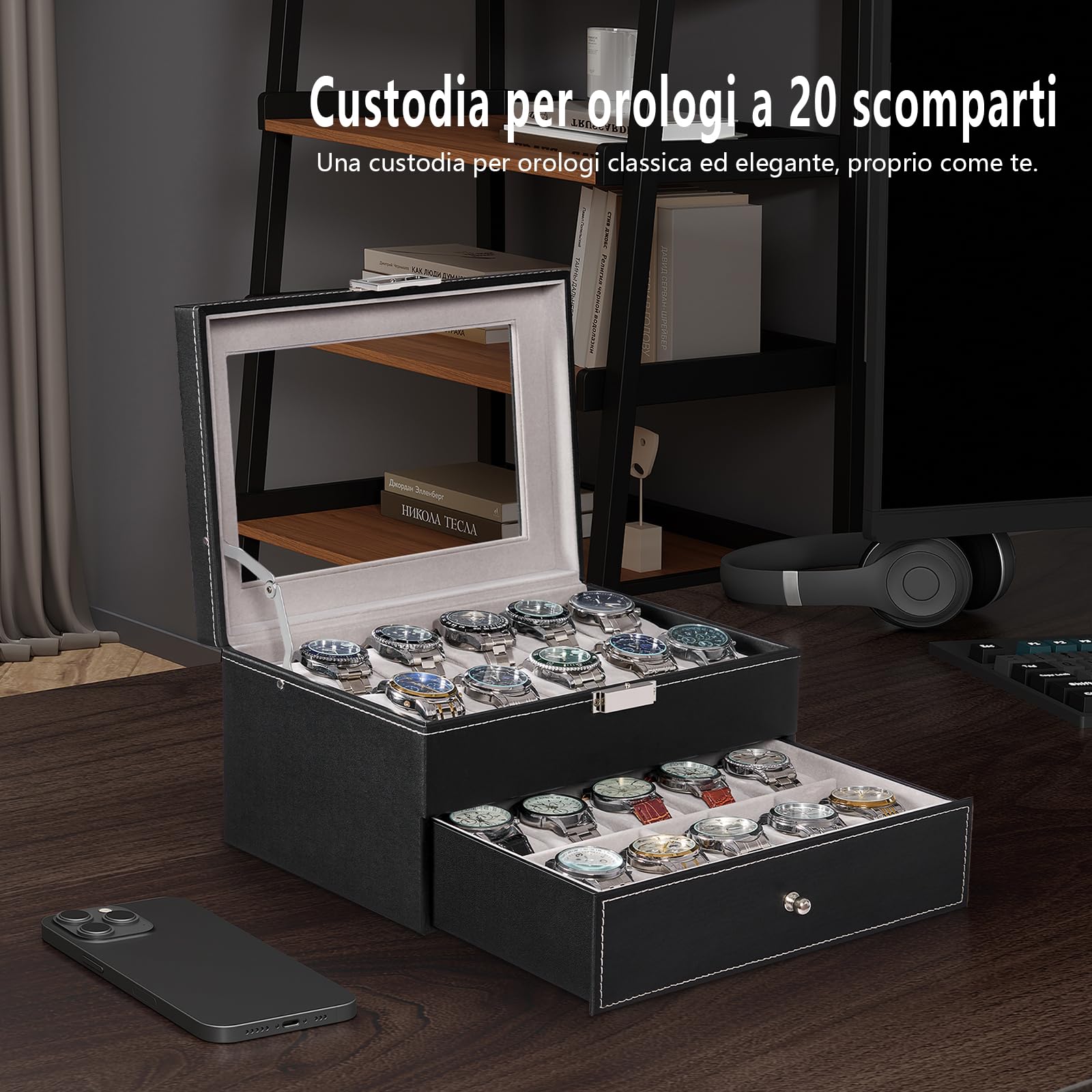 BEWISHOME Scatola per Orologi con 20 Scomparti, Porta Orologi Uomo 2 Livelli Scatola Portaorologi, Rimovibili, Pelle PU Fodera In Velluto, Idea Regalo, Nero ESSH04B