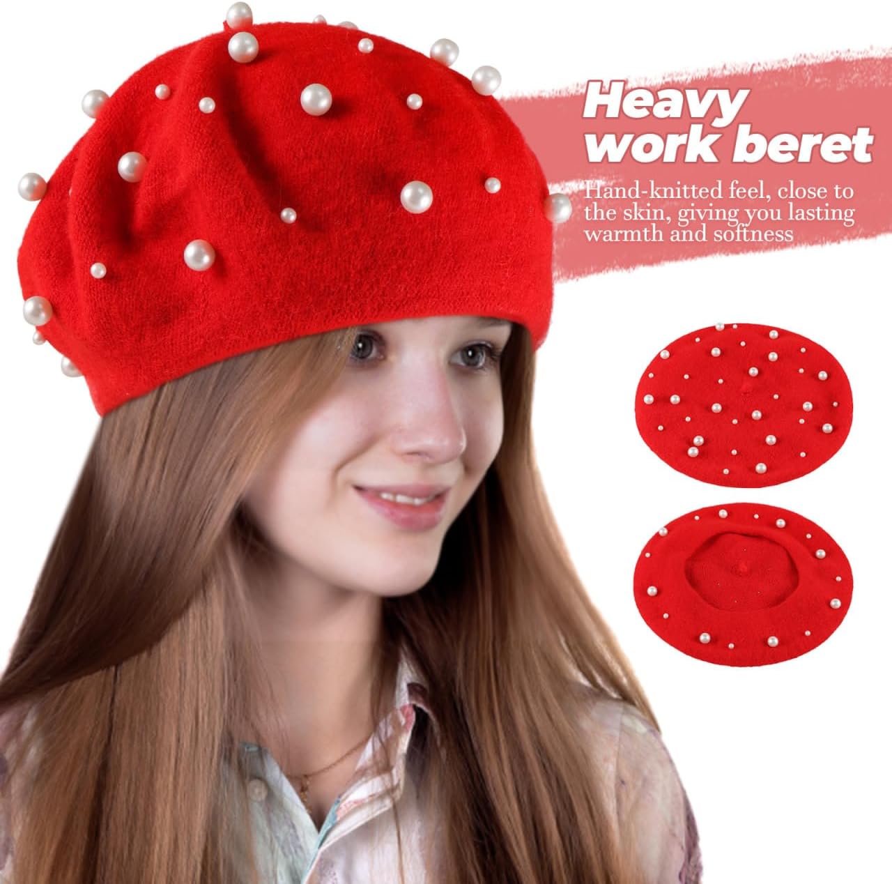 PRETYZOOM Red Wool Beret Hat with Artificial Pearls – Soft Cashmere-Lined for Warmth & Secure Fit – for Women, 56–58cm Head Circumference, Casual Outfits, Festive Events