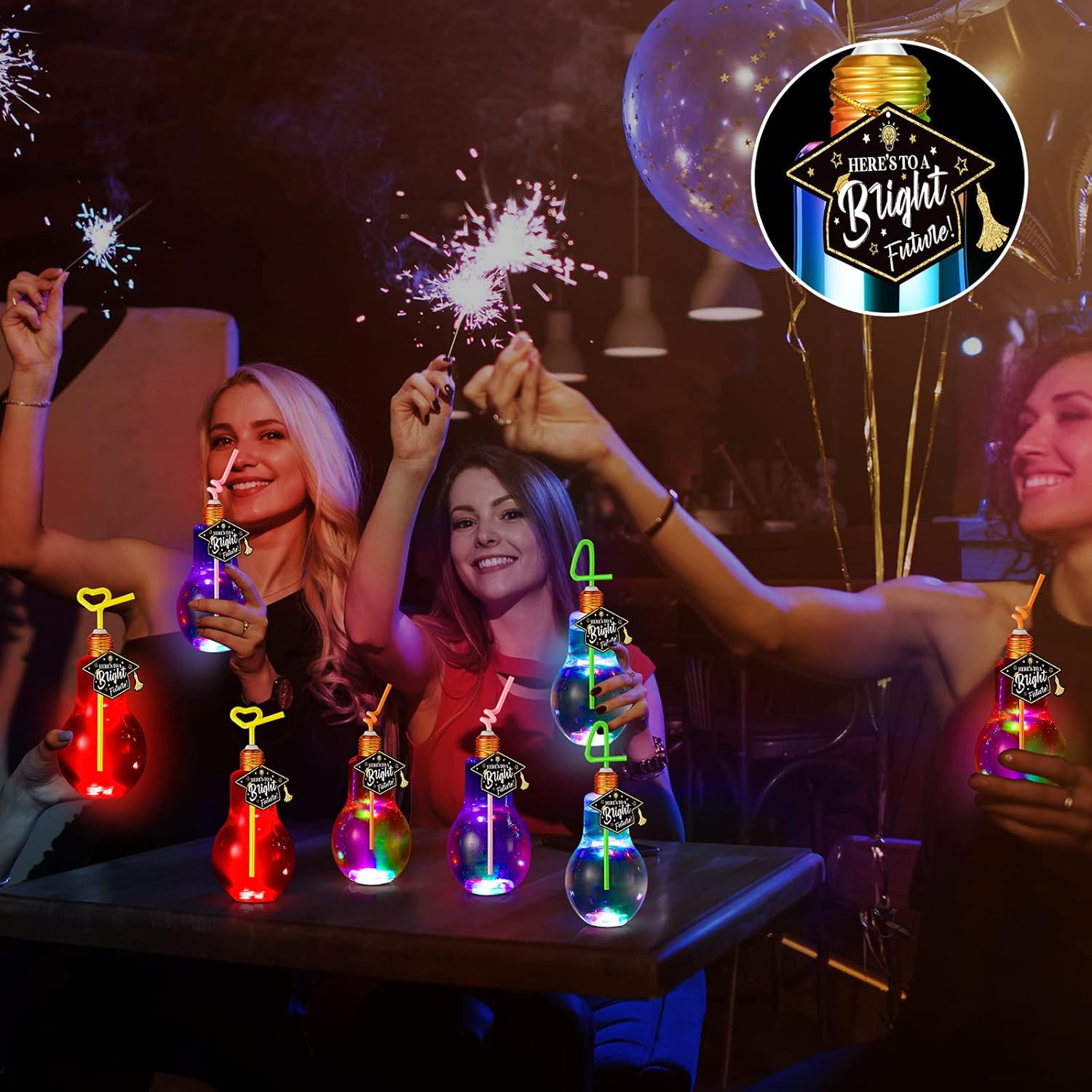 Sabary 24 Pcs 400 ml Plastic Light Bulb Jars with Graduation Card Golden Rope Lighted Fillable Light Bulbs Cup LED Bulb Shaped Candy Jars with Straw Lid for 2026 Graduation Glow Party Supplies Decor