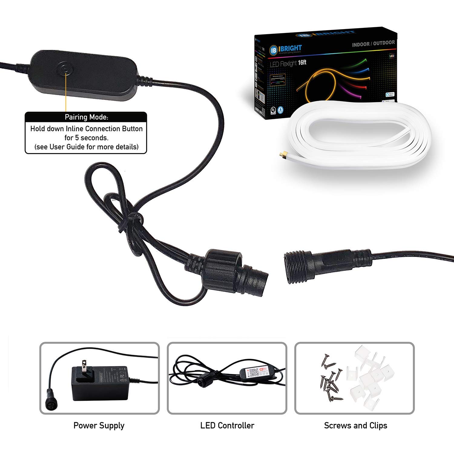 IBRIGHT Smart LED Strip Light, 5050 RGBW Wi-Fi LED Lights, 16ft IP66 Waterproof LED Rope Light (2700-5000K), Color Changing Lights for Bedroom (Pure White), Multi Music Sync, Alexa & Google Assistant