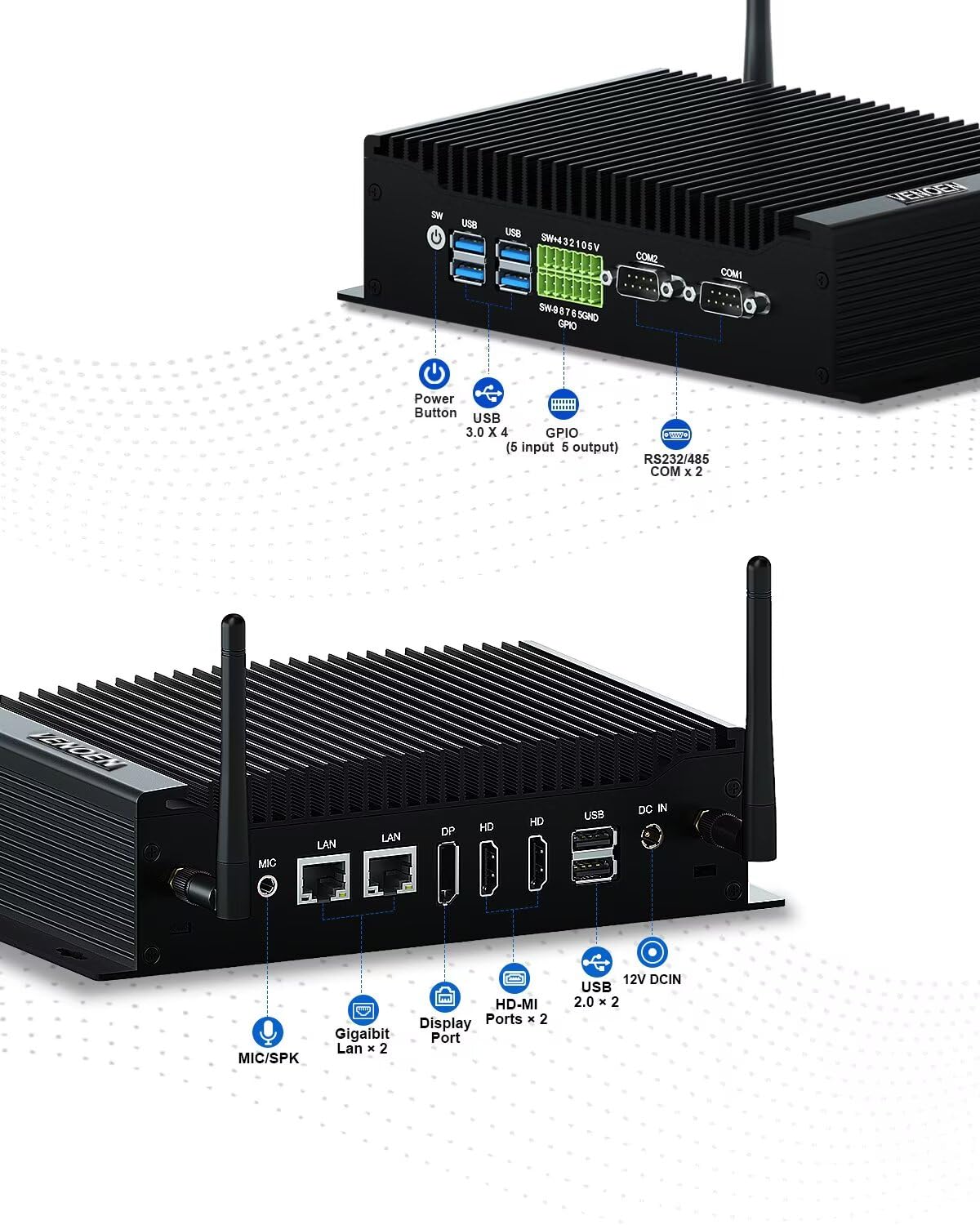 VENOEN PC Industrial sin Ventilador WIN11 Pro, Fanless Mini PC Core i5 8260U, 16GB RAM 512GB SSD, 2 x RS232/485 COM, Dual HD + DP 4K Triple Display, 6 x USB, GPIO, WiFi, BT 4.2, Apoyo Carril DIN