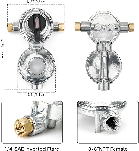 Miniatura 2 de only fire Regulador de propano RV para tanques duales, regulador de gas propano LP de cambio automático de 2 etapas con 2 mangueras de propano de 18