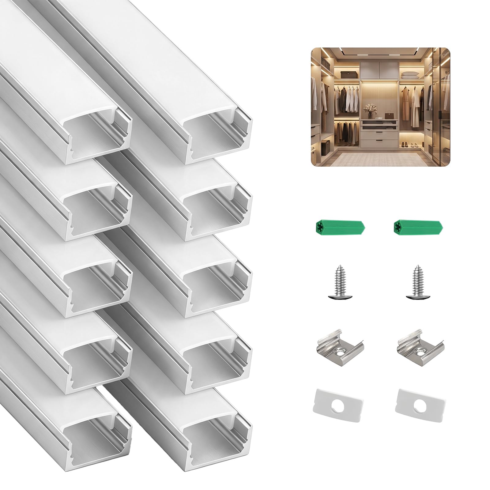 10-Pack 3.3ft/1M U-Shape LED Aluminum Channel System, Silver Profile with Milky White Diffuser Cover, Spotless LED Strip Light Track for Under Cabinet, Stairs, Wall and Ceiling Lighting