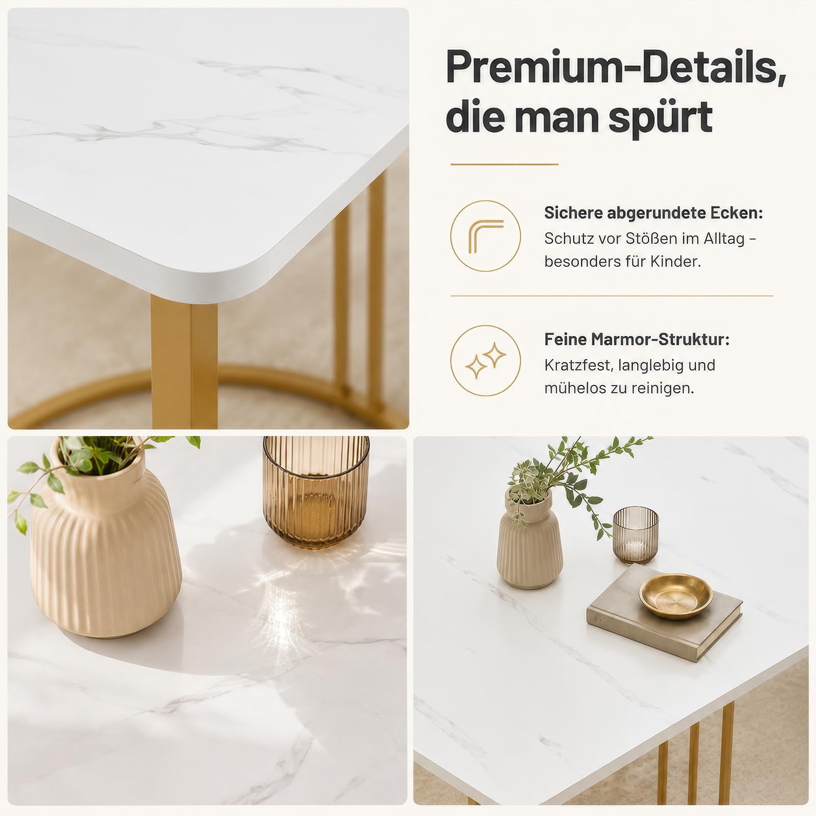 Esstisch 140 x 80 cm Weiß Gold, moderner Küchentisch mit Marmor-Optik, rechteckiger Esszimmertisch aus MDF mit Metallgestell, verstellbare Füße, für Esszimmer, Küche, Wohnzimmer