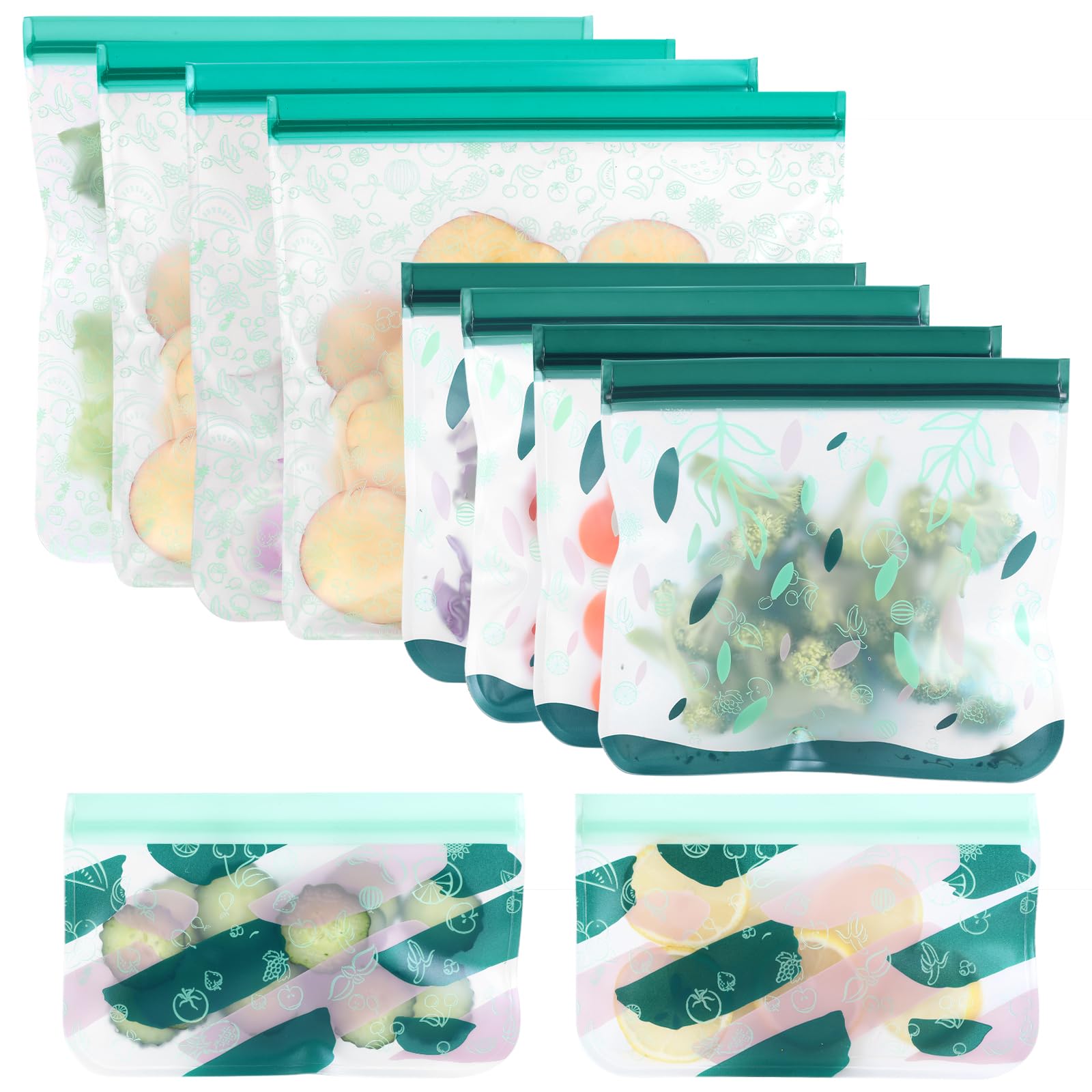 Silicone Storage Bag - Dishwasher Safe Reusable Silicone Bags for Leakproof Storage, Lunch, Marinating, and Travel. BPA Free. 10PCS (4 Gallon 4 Sandwich 2 Snack Bags)