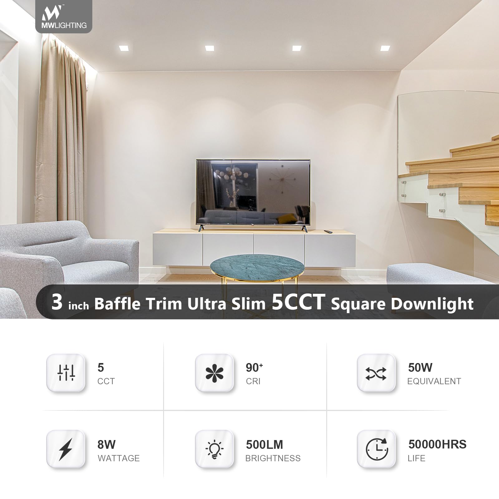 mw Lighting 3 Inch Canless 5 CCT Ultra-Slim Square Baffle LED Downlight with Junction Box, 2700/3000/3500/4000/5000K, Dimmable, 500LM, Energy Star (6 PK)