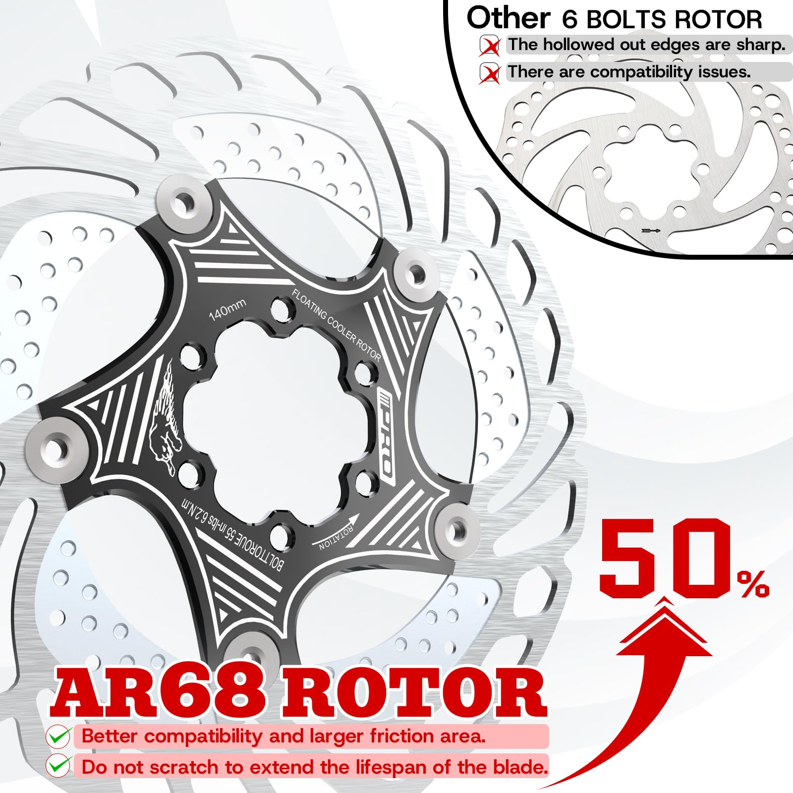 RACEDUE IIIPRO AR68 Rotor de frein à disque flottant pour vélo de montagne/VTT en alliage d'aluminium et acier inoxydable pour vélo de route/vélo électrique/BMX 140 mm, 160 mm, 180 mm, 203 mm (noir)