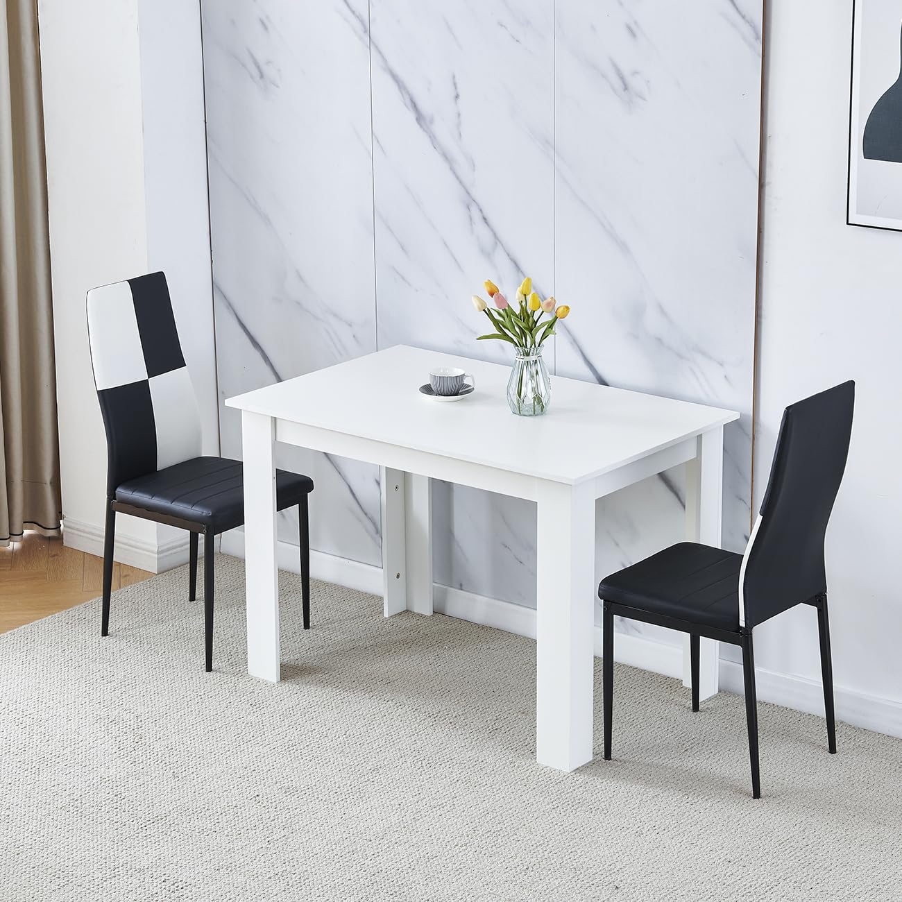 Homullel 110cm Dining Table and 2 Chairs, 2 Seater Kitchen Table and Chairs Set for Space Saving, Compact Dining Room Set for 2, 110x70 cm, Wooden, White (2 Seaters, PU Checker) โ image 1