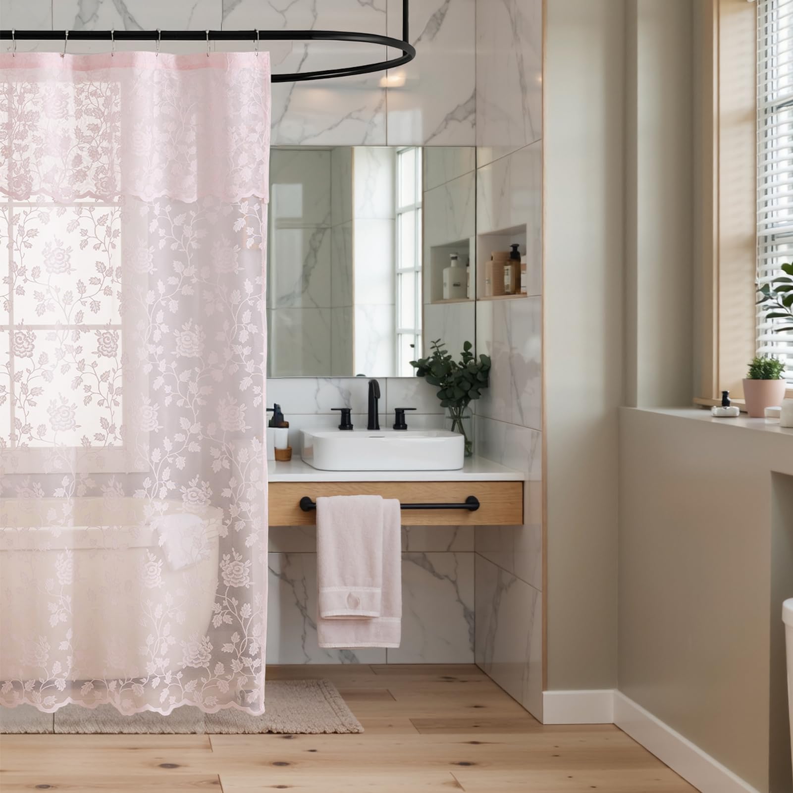 Pink Lace Stall Shower Curtain with Attached Valance, 36 x 72 Inch 1 Panel