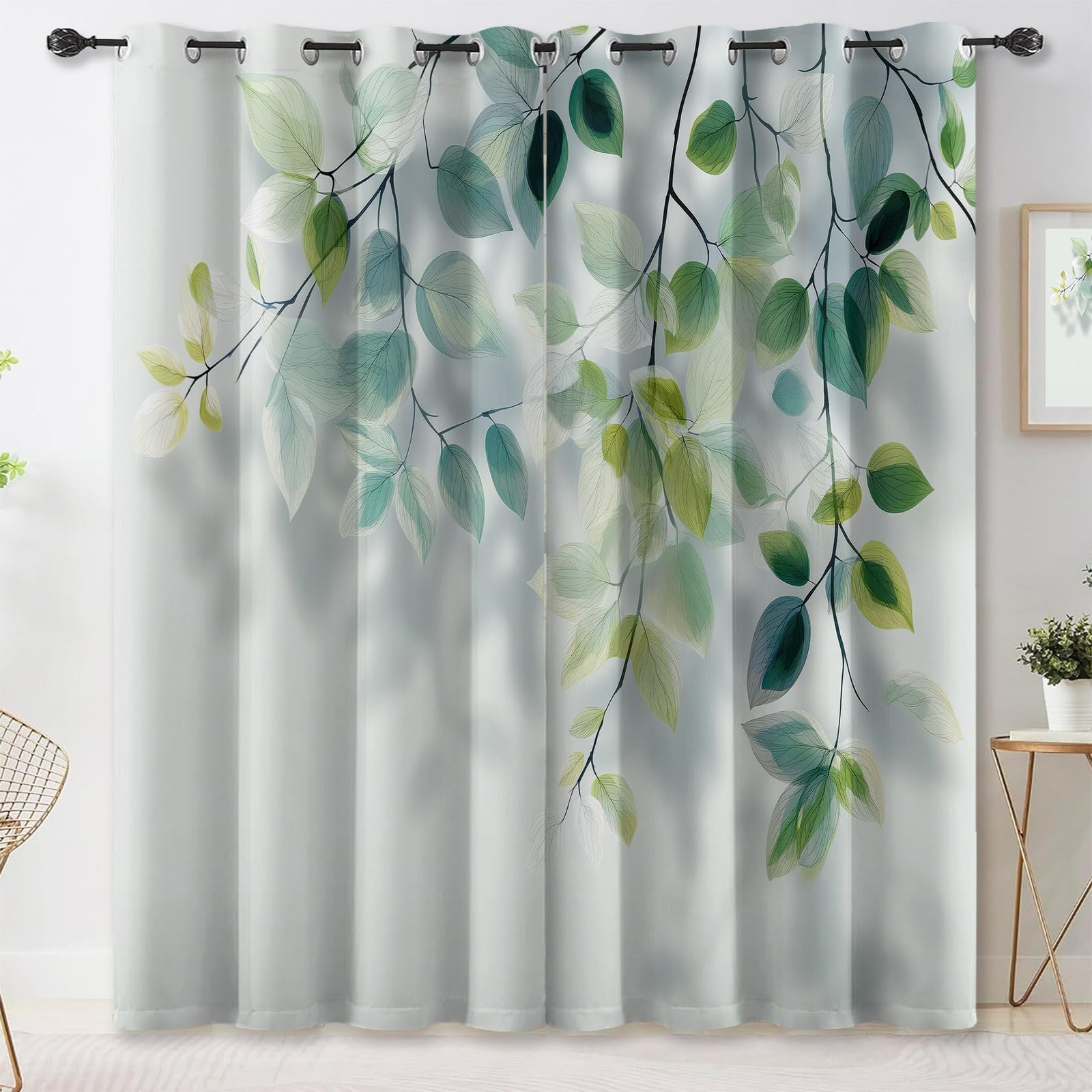 Simple Blackout Curtains, Plants Branches Leaves Pattern Thermal Insulated Window Drapes, White Polyester Room Darkening Curtains for Nursery Bedroom Living Room - W 66" x L 72" (2 Panels)