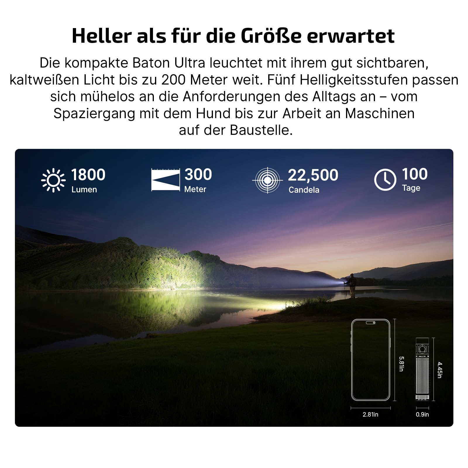 OLIGHT Baton Ultra LED Taschenlampe Aufladbar 1800 Lumen mit 6 Lichtmodi | Taschenlampen mit Zwei Lademethoden Kompakte Handlampe mit Reinweißem Licht IPX8 Wasserdicht für Outdoor Notfall Arbeit