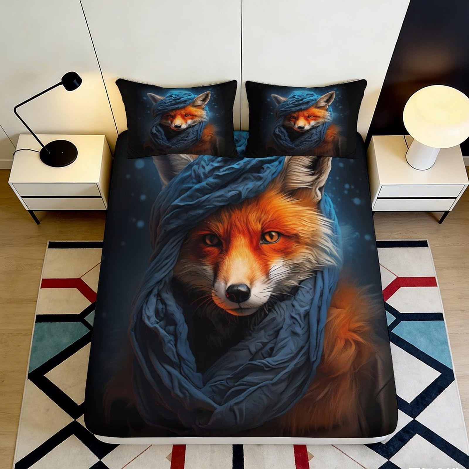 3D Printed Wolf Night Fitted Sheet Microfiber Soft Breathable Fire Eyes Bed Cover for Bedroom Dorm Decor 90x200x25cm
