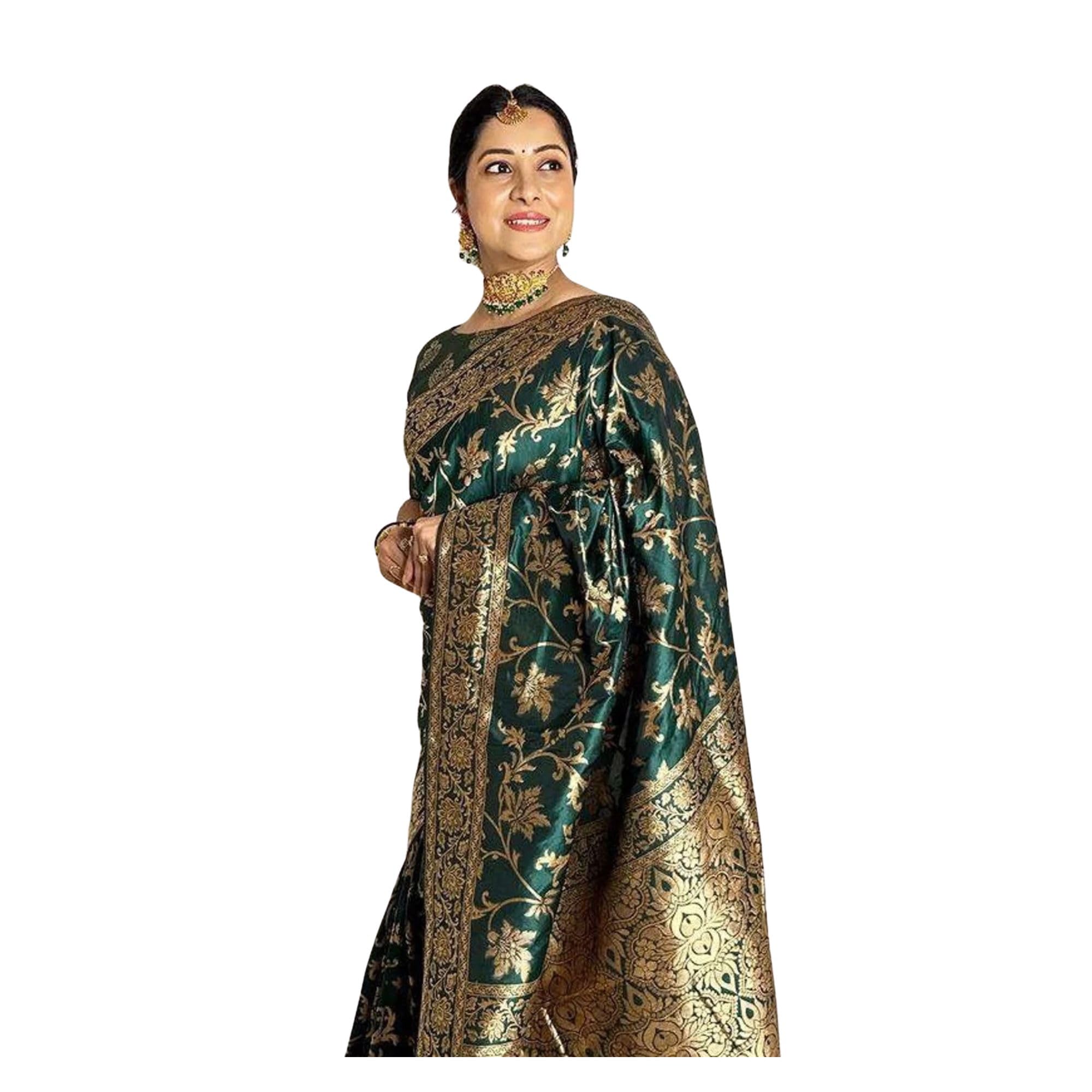 Banarasi Litchi Silk Saree for Women Botanical Jacquard Zari Woven Saree Traditional Indian Ethnic Saree Elegant Designer Pallu Wedding Ceremony Saree Soft Lightweight Fabric Rich Jacquard-image-16