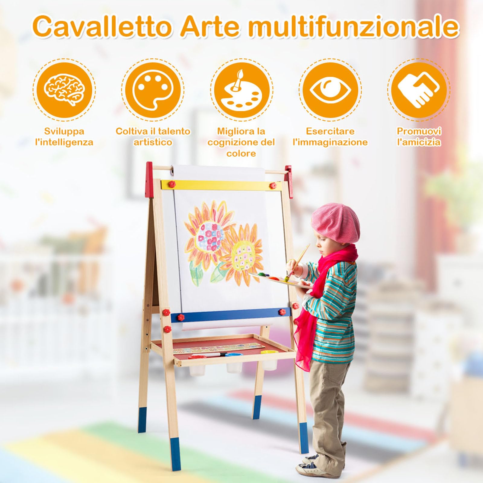 COSTWAY Cavalletto per Bambini 3 in 1, Lavagna Bifacciale, Cavalletto per Disegnare, con Rotolo di Carta, Lavagna Bianca Magnetica, Accessori Completi, in Legno (60x55x(112,5-124,5) cm)