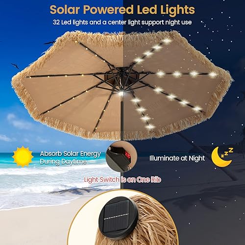 Miniatura 5 de Tangkula Paraguas de patio con techo de paja de 10 pies, paraguas de playa de hierba estilo hawaiano de 2 niveles con 32 luces LED, luz central,