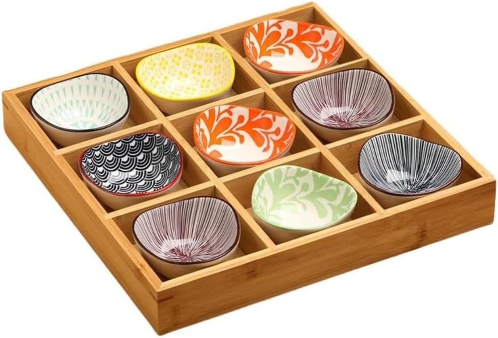 Small Plate Set, Japanese Style, Small Set, Bamboo Appetizers, Serving Deep, Natural Wood, 9-Piece Set, Small Pot, Soy Sauce Pot, Japanese Tableware, Ceramic, Ice Cream, Sauce, Pot, BBQ, Sushi