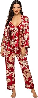 Escalier Women's Silk Satin Pajamas Set 3 Pcs Floral Silky Pj Sets Sleepwear Cami Nightwear with Robe and Pant