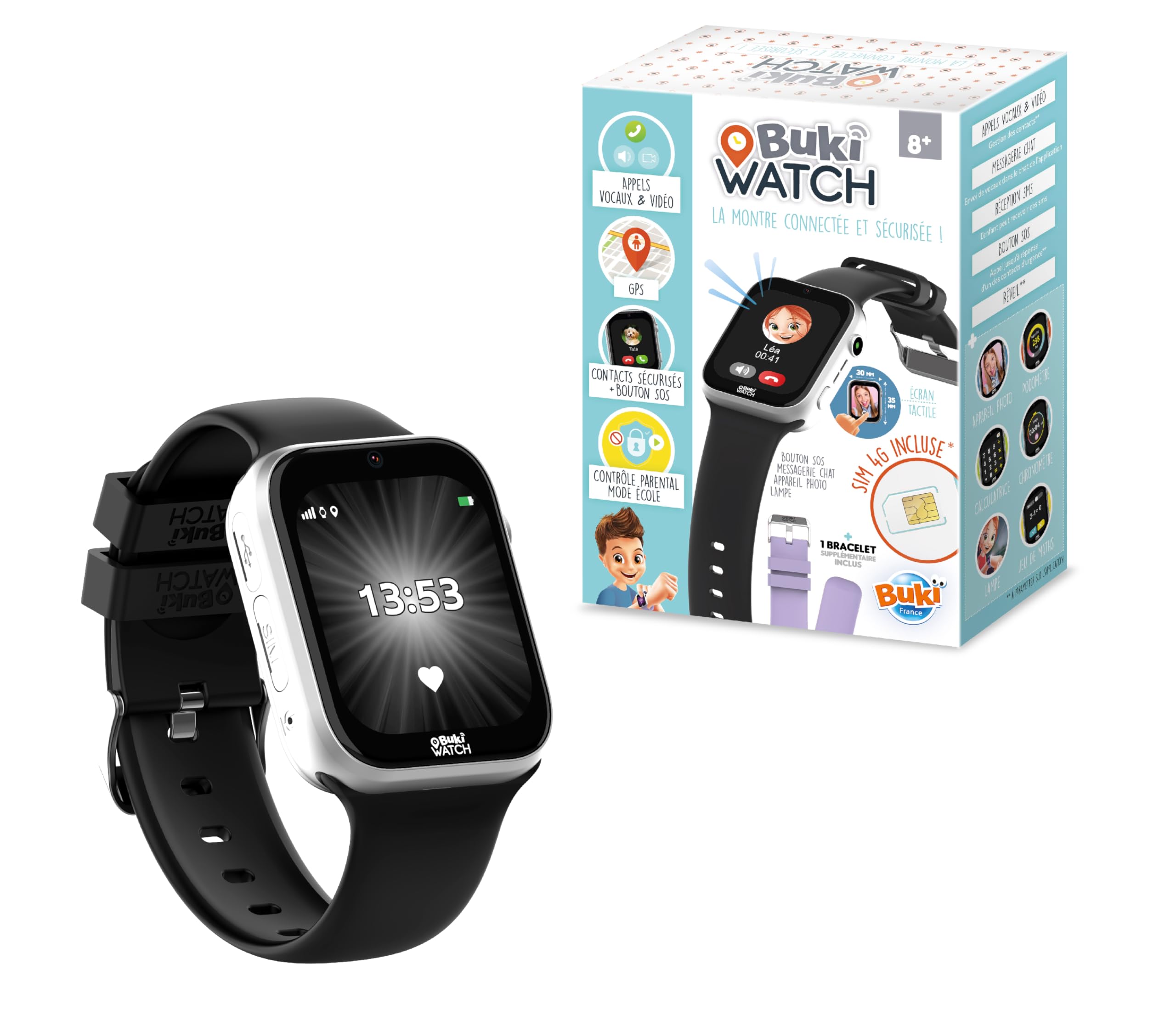Smartwatch dla dzieci z dołączoną kartą SIM - połączenia, GPS, SOS, wideo, wodoodporny, kontrola rodzicielska za pomocą aplikacji - 2 paski - od 8 lat - gotowy do pracy - zegarek BUKI - FIB01