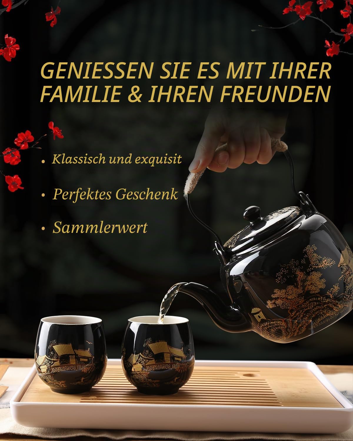 DUJUST Japanisches Teeservice, Schwarzes Porzellan Chinesisches Teeset mit Kanne und Tassen, Schönes Asiatische Teekanne Set für Teeliebhaber (Landschaft in Gold)