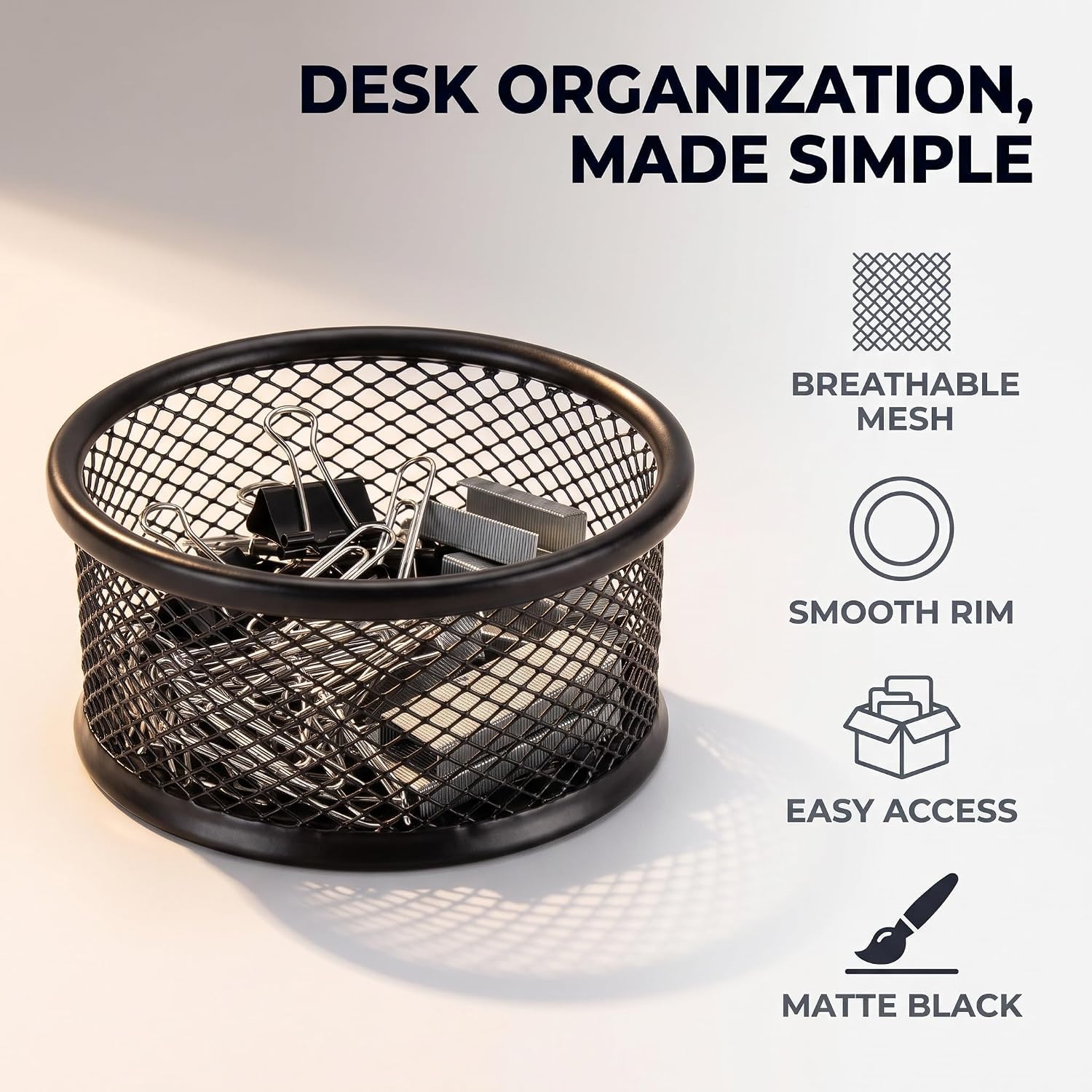 Organiseur de bureau en maille métallique noire – Support multifonction pour fournitures de bureau et scolaires, distributeur de trombones/classeur avec base antidérapante (bureau à domicile