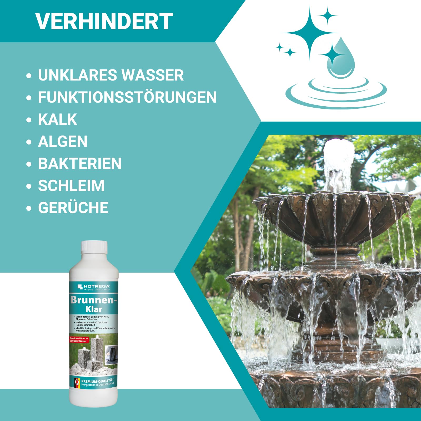 HOTREGA Brunnen-Klar 3x 500 ml | Brunnenreiniger gegen Kalk Algen und Bakterien | Für Innen- und Außenbereich | Geeignet für Zier- und Gartenanlagen