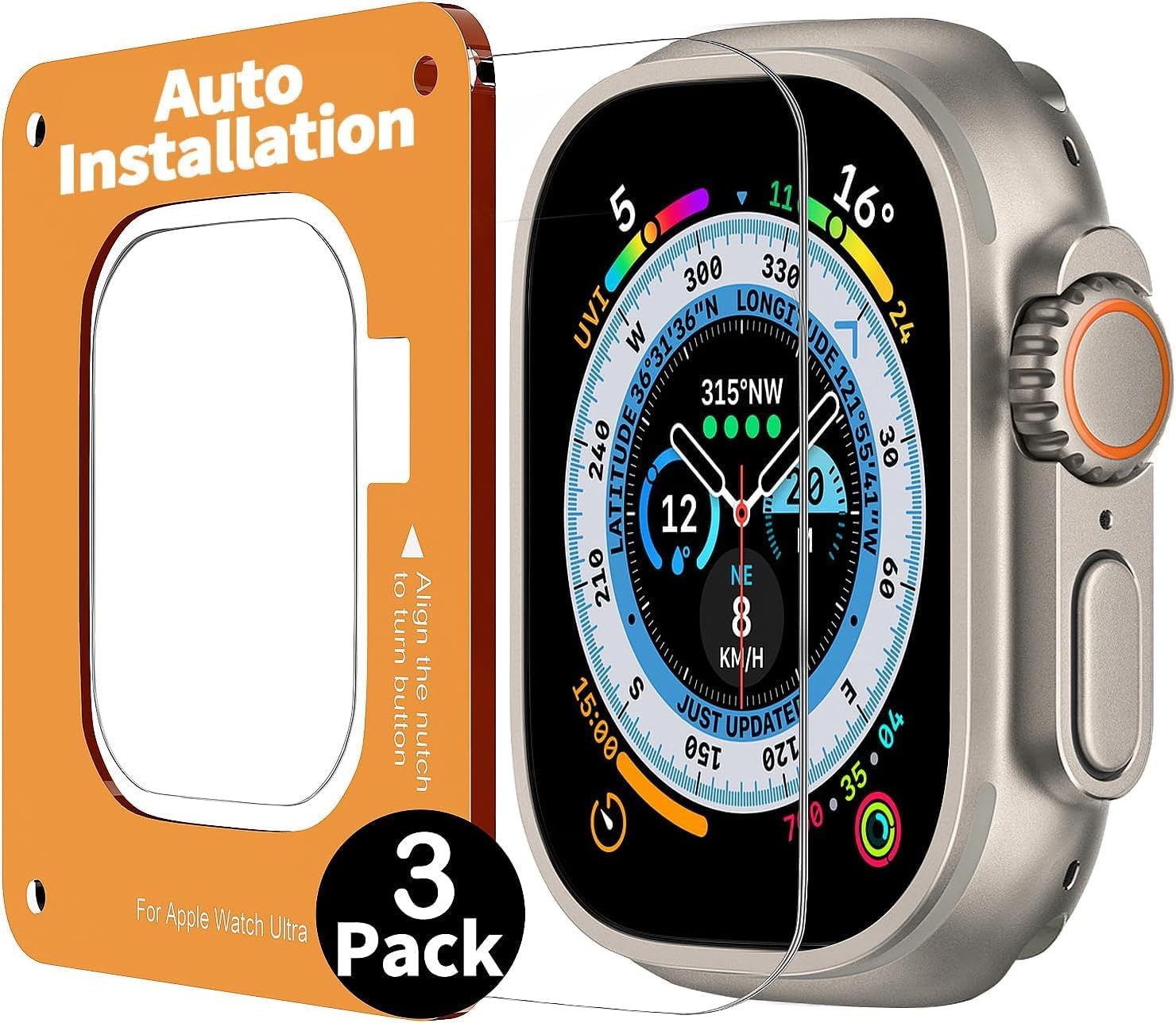 Smiling 3 Pack Screen Protector Compatible with Apple Watch Ultra 3/Ultra 2/Ultra 49mm and Auto-alignment Installation Frame, Anti-Scratch Tempered Glass Screen Protector, Bubble Free, Touch Sensitive