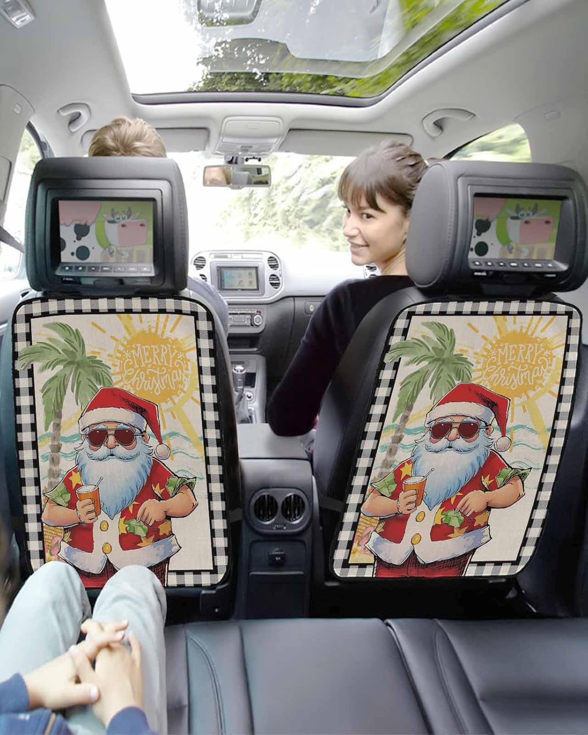 Car Seat Protector, 2 Pack Kick Mats with Organizer - 3 Pocket Storage, Merry Summer Christmas Santa Island Black Buffalo Plaid Back Seat Cover for Kids Universal Fit Automotive Interior Protectors