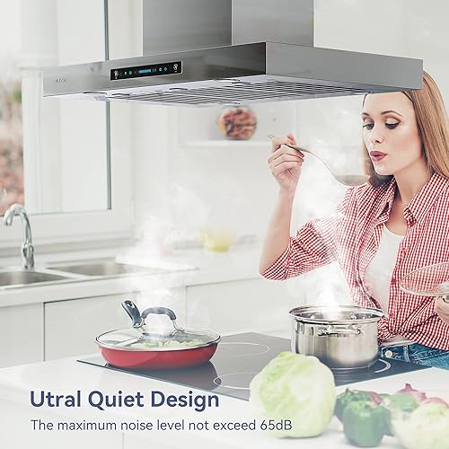 Miniatura 6 de IKTCH Campana extractora mejorada de montaje en isla de 36 pulgadas, campana extractora de conductos de 900 CFM con ventilador de 4 velocidades,